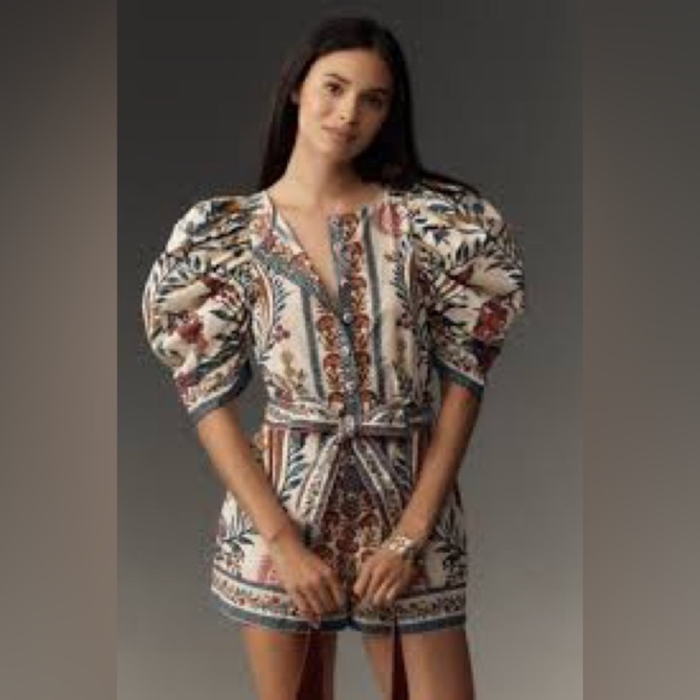 FARM Rio Cream Multicolor Puff-Sleeve Romper